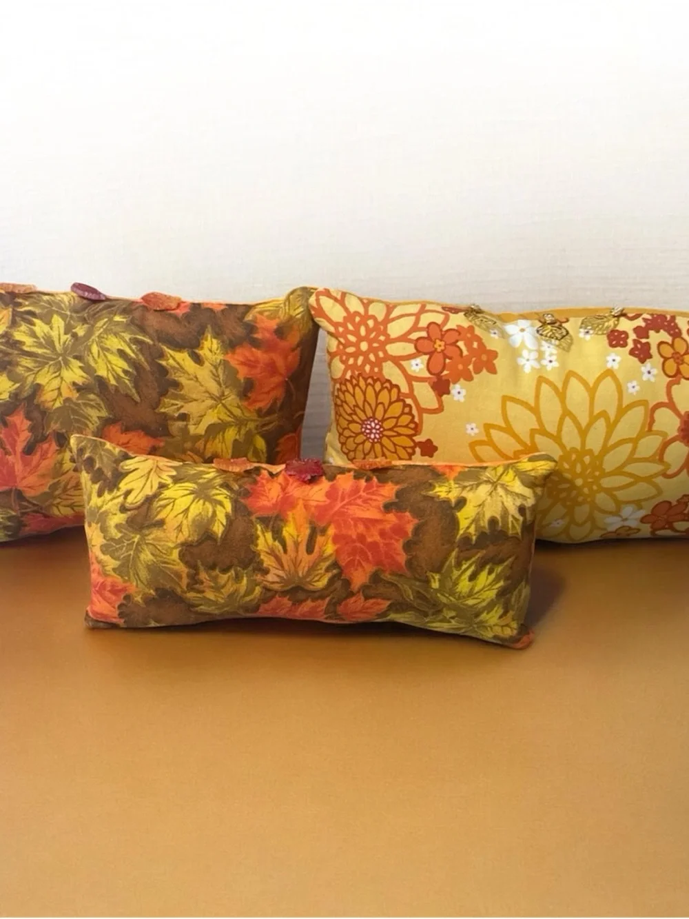 Autumn Leaf Floral Lumbar Pillows pack of 3 handmade new Yellow Orange Brown